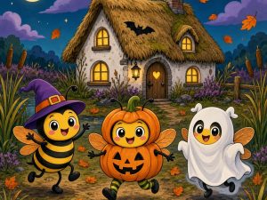 Happy Halloween bees in costumes outside a spooky-cute thatched cottage