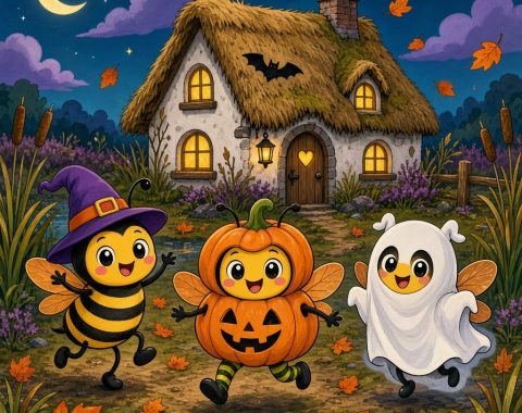 Happy Halloween bees in costumes outside a spooky-cute thatched cottage