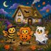 Happy Halloween bees in costumes outside a spooky-cute thatched cottage