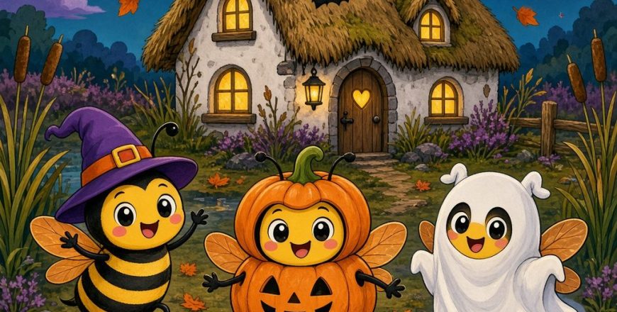 Happy Halloween bees in costumes outside a spooky-cute thatched cottage