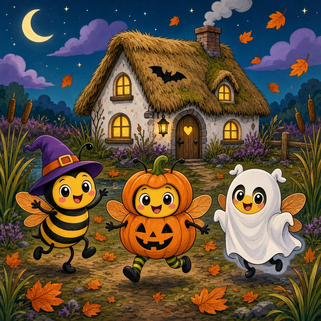 Happy Halloween bees in costumes outside a spooky-cute thatched cottage